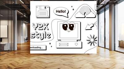 2000s retro element, sticker set. Groovy character computer with cute smile face, diskette, window, rainbow and more. Vector illustration black, white colors Wall mural