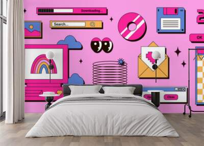 2000s retro element vector set. Groovy computer, disk, window, rainbow and more. Vector illustration in 90s, 00s, y2k style Wall mural