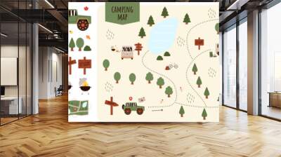 Camping and Hiking map creator. Set of flat cartoon elements for constructing summer camp activity. Vector nature clipart with mountains, lakes, trees for hiking or campfire plan. Flat illustration Wall mural