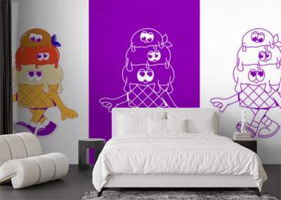 Funky walking ice cream. Three scoops of ice cream in waffle cup with cute faces, feet and hands. Cute character dessert mascot in groovy style. Vector surrealism illustration for logo, branding Wall mural