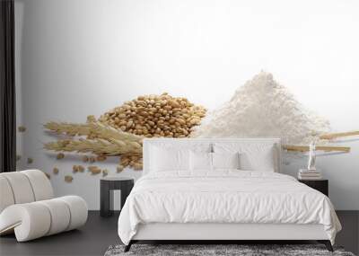  flour and wheat ears, with grain isolated on white background Wall mural