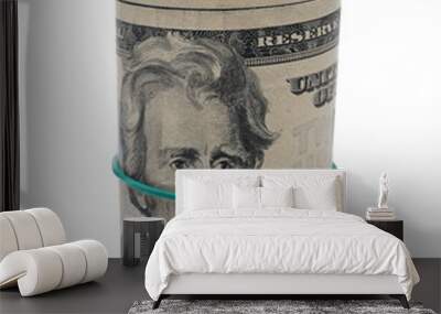 Bundle of rolled up american twenty dollar bills, banknotes, cash money roll isolated on white background Wall mural