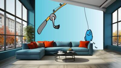 cartoon fishing rod, hooked fish Wall mural