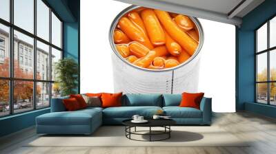 Cooked baby carrots in tin can isolated on white, top view Wall mural