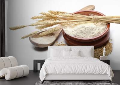 flour and wheat ears, with grain isolated on white background Wall mural