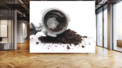 Milled coffee sediment, residue with espresso machine handle isolated on white background Wall mural