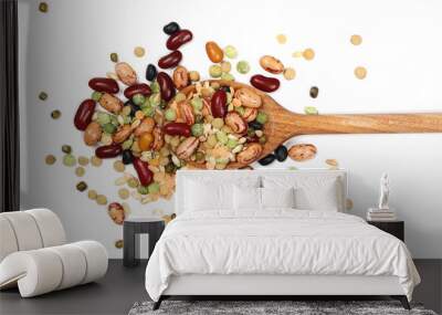 Mixed dried legumes and cereals with wooden spoon isolated on white background Wall mural