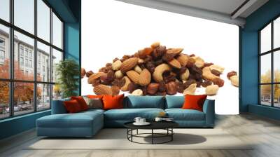 Nuts and raisin, mix roasted peanuts, raisins, hazelnut, almond, cashew isolated on white  Wall mural