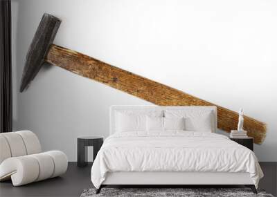 Old metal hammer with wooden handle isolated on white, top view   Wall mural