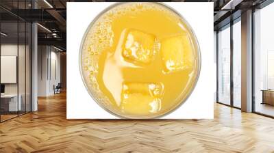 Orange juice with ice cubes in glass cup isolated on white, top view Wall mural