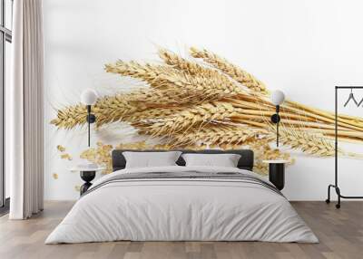 Ripe wheat ears with kernels, grains isolated on white background Wall mural