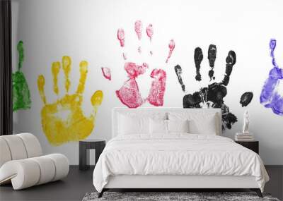 Set colorful hand print, paint isolated on white   Wall mural