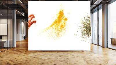 Set ginger, red paprika powder, turmeric, dry thyme pile, cocoa, isolated on white background, top view texture Wall mural