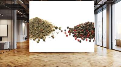 Set spice pile, allspice, caribbean mix seasoning, colorful peppercorns, powder wheat grass isolated on white Wall mural