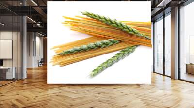 Spaghetti tricolore pile with green ears of wheat isolated on white background Wall mural