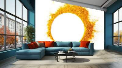 Turmeric (Curcuma) powder pile, round frame and border isolated on white background, top view Wall mural