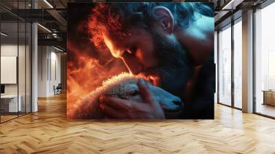 A bearded man lovingly cradles a sheep in his arms, with warm tones surrounding them, conveying tenderness and a deep bond between human and animal. Wall mural