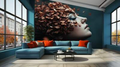 A close-up image featuring a blurred face adorned with an artistic headpiece made of autumn leaves. The photograph presents a blend of human form and nature elements. Wall mural