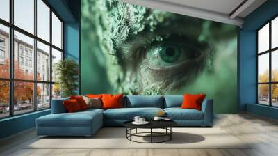 A close-up view focusing on a single eye surrounded by a textured green haze, conveying mystery, curiosity, and introspection in a surreal atmosphere. Wall mural