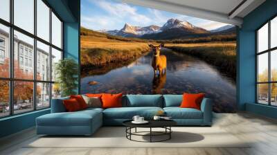 A deer stands in a clear, shallow stream with majestic, snow-covered mountains in the background under a bright, partly cloudy sky, capturing serene nature beauty. Wall mural