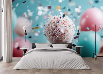 A delightful and colorful cake pop adorned with sprinkles, framed by a background of balloons and confetti, showcasing a festive and joyous celebration atmosphere. Wall mural