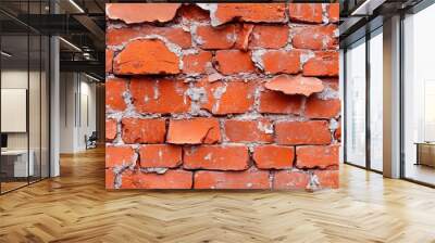 A detailed close-up of an aged and weathered red brick wall, showing the wear and tear over time with signs of decay and missing chunks of bricks, evoking a sense of history. Wall mural