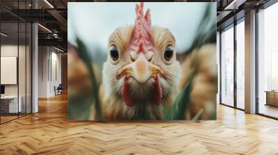 A detailed close-up shot of a curious chicken looking directly at the camera, set in a natural environment with green grass, capturing its vivid features. Wall mural