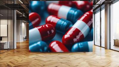 A detailed focus on scattered red and blue capsules showcasing the precision of pharmaceutical design, capturing the essence of modern medication packaging. Wall mural