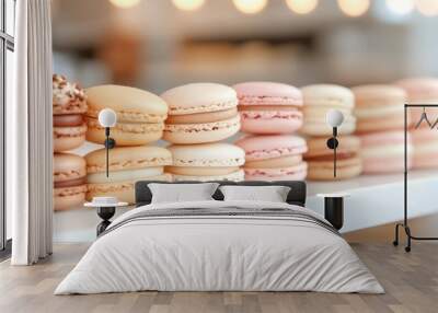 A diverse selection of pastel-colored macarons arranged neatly on a marble countertop, showcasing a delightful array of flavors and elegant presentation style. Wall mural