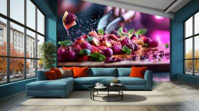 A dynamic image showcasing juicy slices of fruits and fresh herbs being cut with dramatic flair, highlighting freshness and culinary creativity. Wall mural