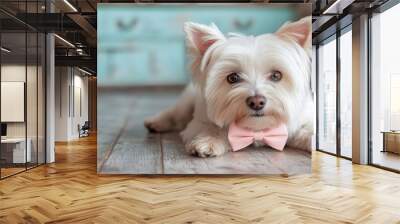 A fluffy white dog lies on a wooden floor wearing a pink bowtie, creating a cozy and appealing image that exudes cuteness and charm in a domestic setting. Wall mural