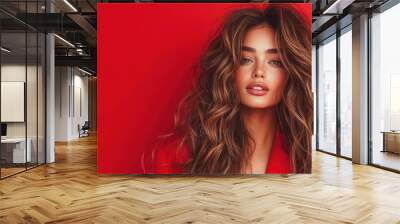 A glamorous woman with flowing hair poses with style against a red backdrop, illustrating beauty and sophistication in a dynamic visual presentation. Wall mural