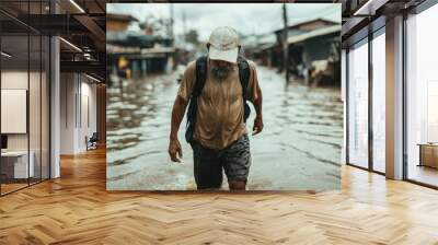 A gripping image showing a man in a flooded street, wearing a backpack and cap, highlighting themes of survival and resilience amidst natural disasters. Wall mural