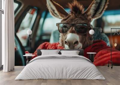 A humorous image of a donkey wearing sunglasses and a fluffy red jacket, humorously seated in a car, presenting a whimsical and playful take on human traits. Wall mural