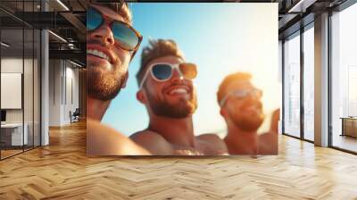 A lively group of friends basking in the warm sunlight at the beach, wearing sunglasses, capturing the joy and warmth of a perfect summer day together. Wall mural