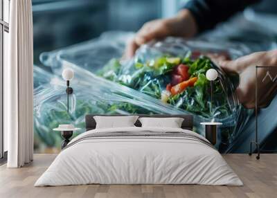 A person carefully wraps a fresh salad mix with lettuce and tomatoes in a clear plastic cover, emphasizing freshness and storage in a refrigerator setting. Wall mural