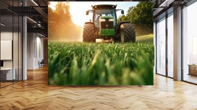 A powerful tractor drives across a lush green farm field during sunrise, with sunlight filtering through trees, highlighting agriculture's blend of technology and nature. Wall mural