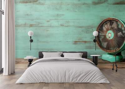 A retro teal fan is positioned on a rustic wooden table, its aged texture complementing the vintage aesthetic and offering a nostalgic glimpse into the past. Wall mural