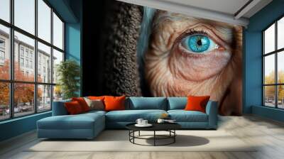 A striking close-up image of an elderly person's vibrant blue eye, bringing out the intricate details and weaving a story of wisdom, life experiences, and vibrant health. Wall mural