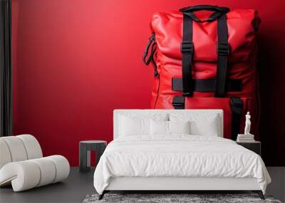 A striking image of a bright red backpack placed against a matching red background, featuring black straps and pockets, appealing to adventure enthusiasts and travelers. Wall mural