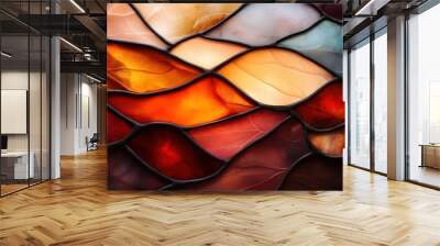 A striking stained glass design in vibrant red, orange, and yellow hues creates a warm and inviting atmosphere, capturing the essence of a glowing sunset. Wall mural