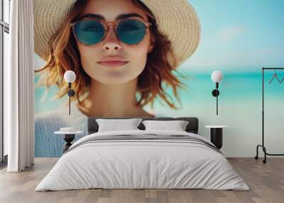 A trendsetting woman in a straw hat and sunglasses by the vast blue sea, exuding confidence and style in a calm and beautiful coastal environment. Wall mural