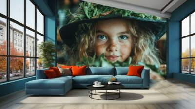 A young girl with curly hair and freckles wears a leafy hat with fresh greens in the foreground, embodying a sense of playful connection with nature. Wall mural