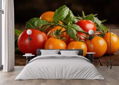 An array of farm-fresh tomatoes is displayed on a rustic table, highlighting their vibrant colors and textures, bringing a natural, wholesome appeal. Wall mural