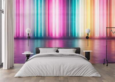 An artistic arrangement of bright neon lights on a wall, featuring a lively and colorful abstract pattern that enhances any modern and creative environment beautifully. Wall mural