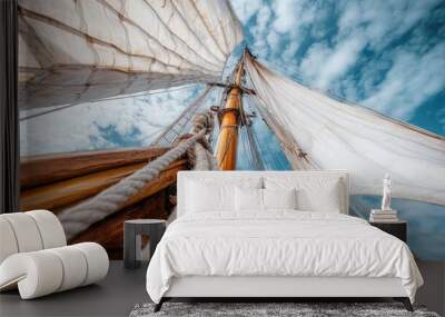 An awe-inspiring perspective of a wooden sailboat with white sails set against a dramatic blue sky, illustrating the timeless beauty of seafaring and craftsmanship. Wall mural