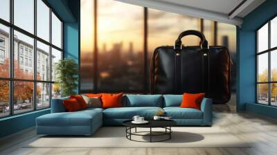 An elegant leather briefcase sits on a polished marble floor with a city skyline in the background, representing professionalism, success, and modern business life. Wall mural