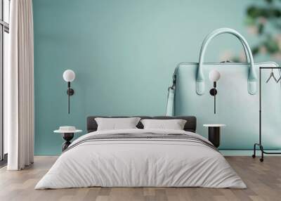 An elegant light blue handbag with clean lines stands out against a slightly blurred green backdrop, emphasizing its sophisticated and timeless design in a serene setting. Wall mural