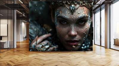 An elegant woman adorned with intricate, sparkling makeup and a lavish costume, exuding an aura of mystique and fantasy, accentuated by shimmering elements and artistic lighting. Wall mural