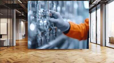 An engineer in a bright orange protective uniform and gloves carefully adjusts shiny industrial equipment, focusing intently on the complex machinery in a modern factory setting. Wall mural